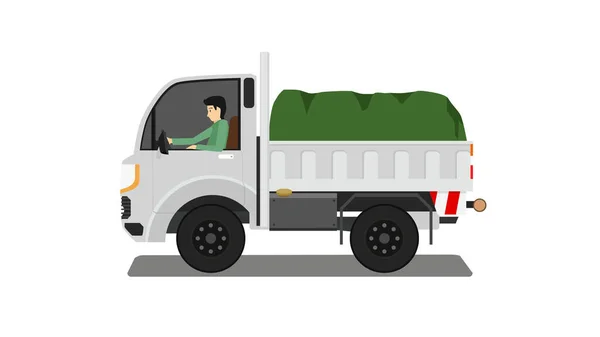 Object Transpot Mini Truck Car Driving Man Canvas Covering Things — стоковый вектор