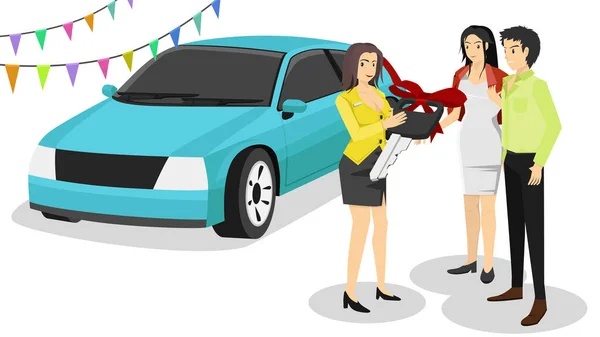 Professional Car Dealer Vector Business Seller Women Send Big Key — Stock vektor