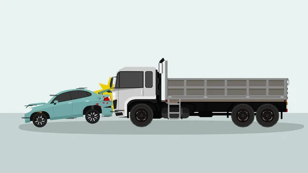 コンテナトラックの事故は 乗用車の後ろに衝突し 種子のラインで乗用車の後部に損傷を与えます — ストックベクタ