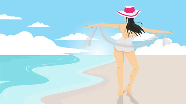 Letni Czas Kobiety Bikini Spacer Białym Piasku Plaży Załóż Kapelusz — Wektor stockowy