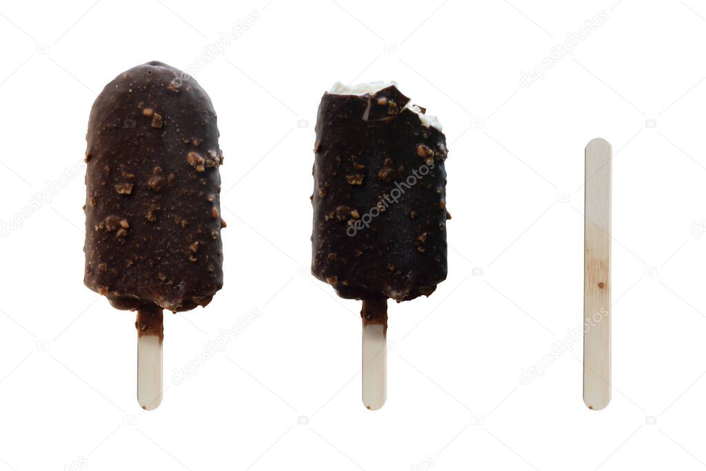 Vanilla ice cream coated in chocolate and mixed with peanuts in a stick. Three states full of wood eat a little at the tip and only wood. On isolated white background with clipping path.