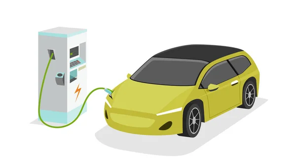 電気自動車のスポーツカー充電駐車場充電ステーションにケーブルのプラグが付いています バッテリーへの車の上側に充電します 白い背景の独立したフラットベクトル図 — ストックベクタ