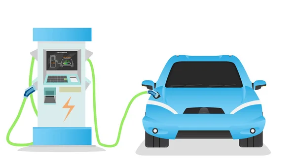 Veicolo Elettrico Anteriore Della Vettura Sportiva Ricarica Parcheggio Presso Stazione — Vettoriale Stock