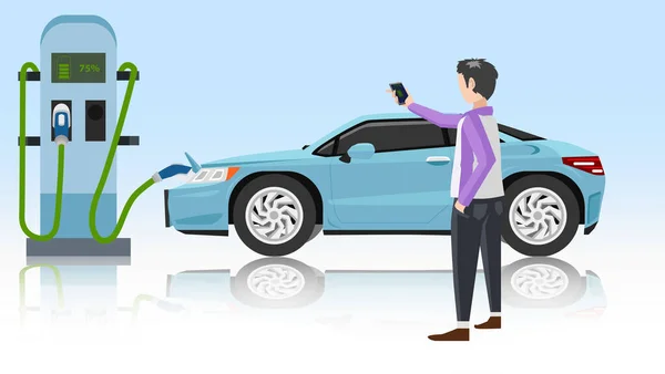 ケーブルのプラグで充電ステーションのスポーツカー充電駐車場の電気自動車フロント あなたの車に充電制御アプリケーションのための携帯電話を使用して男のポストを運転 — ストックベクタ