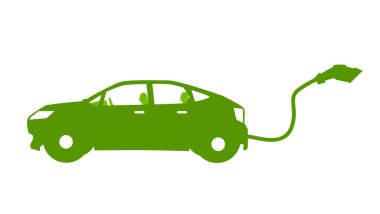 Elektrikli arabanın vektör veya illüstrasyon nesnesi simgesi. Arabanın arkasında elektrik kablosu olan yeşil renk. İzole edilmiş beyaz arkaplanda.