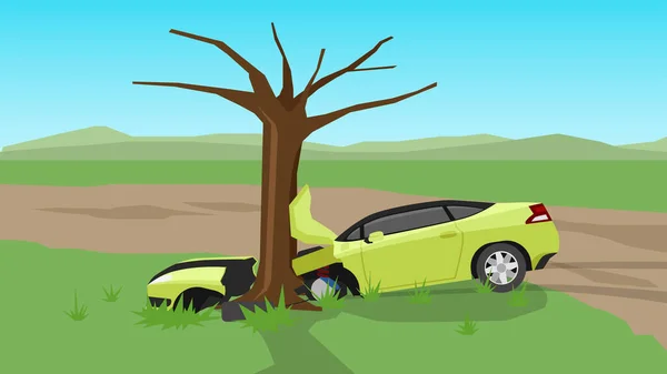 緑の牧草地と土壌道路上のスポーツ黄色の車の運転 事故があった場合は 道路の側面に落ち 車の前の木に墜落した — ストックベクタ