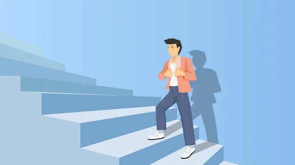 Homem Fixe Com Fato Inteligente Sobe Escadas Segurando Colarinho Escadas — Vetor de Stock
