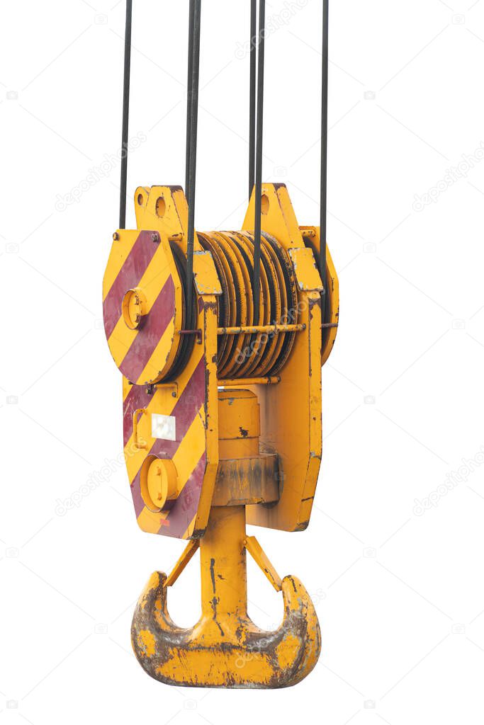 Crane carrying head for lifting objects with sling cable. On isolated white background with clipping path.