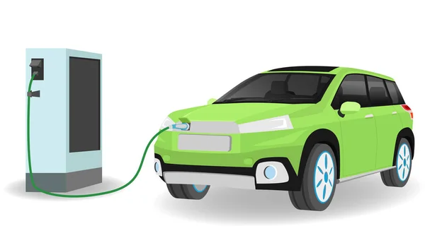 電気自動車ケーブルのプラグで充電ステーションでSuv緑の色の車の充電駐車場 バッテリーへの車の上側に充電します 白い背景の独立したフラットベクトル図 — ストックベクタ