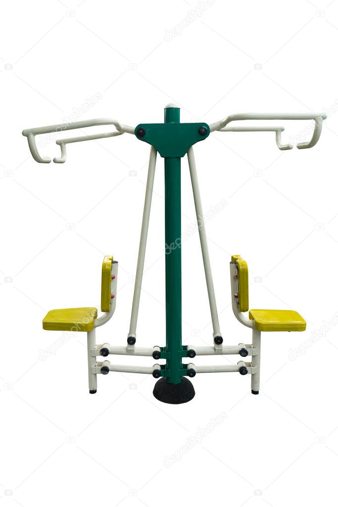 Steel Exercise Machine for Outdoor fitness at Playground. Use for Chest Press. On isolated white background with clipping path.