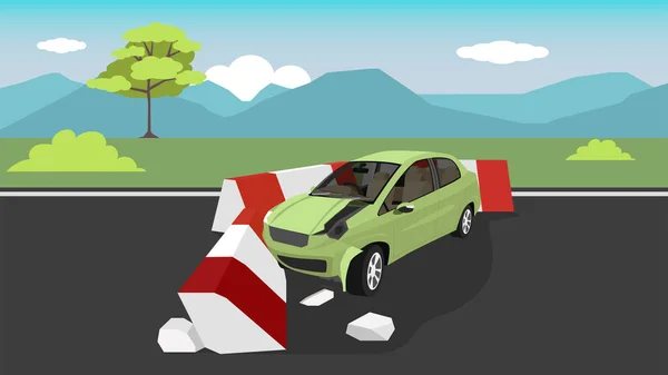 Accident Sedan Car Green Color Crashes Broken Barrier Bar Side — ストックベクタ