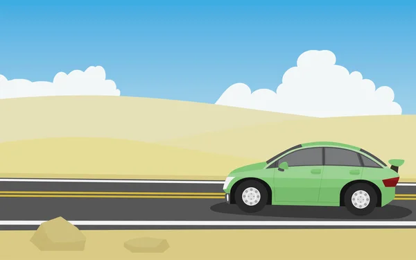 Utazó Autók Zöld Színű Egy Aszfaltozott Úton Hullámzó Sivatagi Dombokkal — Stock Vector