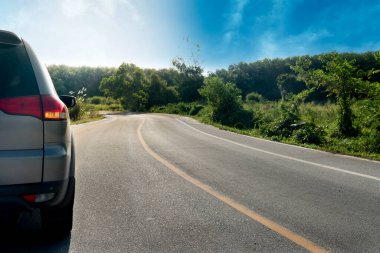Aile arabasının arka tarafında, asfalt yolda sinyal veriliyor. İleriye giden ve kıvrımlı bir yolu olan bir yol. Mavi gökyüzünün altındaki yeşil çimenlerin ve ağaçların arka homurtusu.