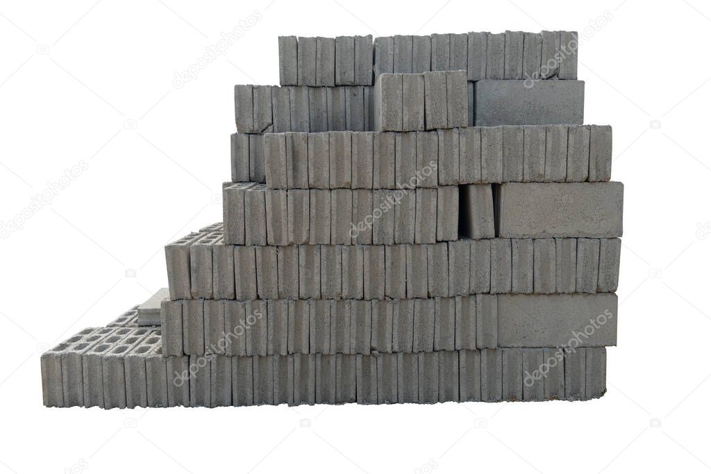 Seven rows of bricks are stacked in preparation for construction. on isolated white background. For background and textured. with clipping path.