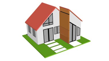 Nordic House 'un izolasyonu çatıda metal levha kullanıyor. Evin etrafındaki renk şeması açık gri. Pencereler ve kapılar çelik ve cam çerçevelerden yapılmıştır. Yeşil çimenli. İzole edilmiş beyaz arkaplanda.