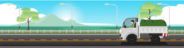 Transport of car carrying driving on tha asphalt road. Path sized a vast reservoir. with electric pole and road fence. And island under blue sky. Illustrator and Vector for summer posters.