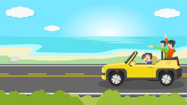 Arabanın sarı rengini asfalt yolda yol üstü açık çatıya sürüyorum. Çocuklar arkada mutlu ellerle otururken ailelerle aile gezisi önde oturur. Sahilin arka planı ve mavi gökyüzünün altındaki engin deniz..