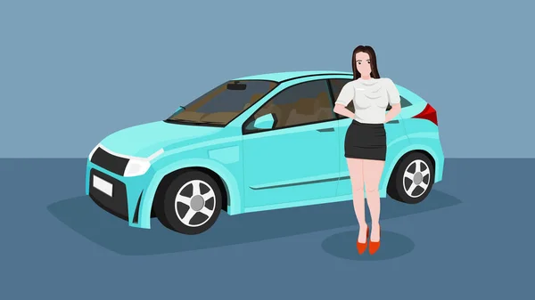 Female Salesperson Electric Car Blue Light Color Presentation Showroom Blue — Stock Vector