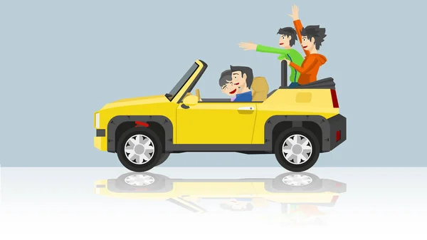 Driving Car Yellow Color Road Open Roof Family Trip Parents — Vetor de Stock