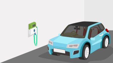 Vector ya da Illustrator elektrikli spor araba park yeri şarj istasyonunda. Şarj dolabının etrafına sarılmış elektrik kabloları. Kulübedeki iç donanımı görebiliyorum..