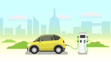 Elektrikli kabini olan Sarı Elektrikli Aracın Vektörü veya İllüstratörü. Doğa ile yeşil çimenler ve şehrin gölgesi mavi gökyüzü ve beyaz bulutlar altında.