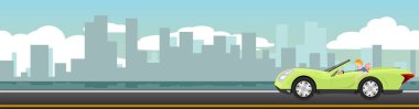 Pankart için spor arabanın içindeki mutlu sürücü. Seyahat gezisi. Büyük şehrin yakınındaki asfalt yolda. Gündüzleri güzel şehirlerle arka plan. Düz Vektör Resmini Kopyala.