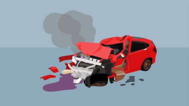 Kırmızı sedan araba ağır hasar görmüş. Camlar kırılmıştı. Bonnet bozuktu. Ön tekerlekler katlanmıştı ve ön tampon kırılmıştı. Daha ileri gidemiyorum. Duman arabadan kaçtı..