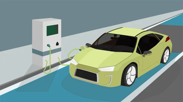 電気自動車のスポーツカーは ケーブルのプラグで充電ステーションで駐車場を充電します バッテリーに車の横に充電します アスファルトの道路の近く 車の内部を見ることができます — ストックベクタ