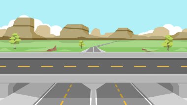 Asfalt yolunun yatay görüntüsü. Ana yoldan geçmek için yüksek köprü yolu. Ağaçların ve yeşil çimenlerin arka planı. Dağlar katmanlarla kaplıdır. Mavi gökyüzünün ve beyaz bulutların altında.