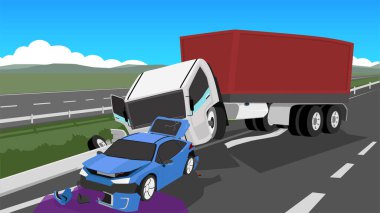 Bir konteynır kamyonunun asfalt yolu kapatması. Yolun kenarında ve yolcu vagonunun sonunda çarpışma var. Yoldaki petrol sızıntısı. Şehirleri birbirine bağlayan bölgede paralel rotalar.