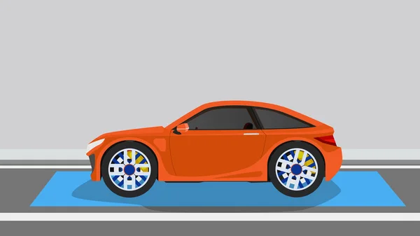 アスファルト道路上のスポーツ電気自動車Suvオレンジ車の側 Evゾーン用のマークブルーのレンズ付き 背景色がグレーで — ストックベクタ