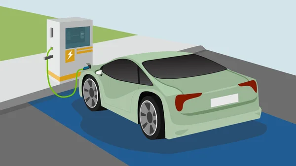 電気自動車のスポーツカー充電駐車場充電ステーションにケーブルのプラグが付いています バッテリーに車の横に充電します アスファルト道路付近 — ストックベクタ