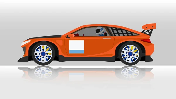 Концепция Векторной Иллюстрации Детальной Стороны Плоского Оранжевого Спортивного Автомобиля Водителем — стоковый вектор