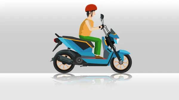 Блакитний Мотоцикл Чоловіком Шоломі Сидить Тіні Мотоцикла Землі Векторний Ілюстраторський — стоковий вектор