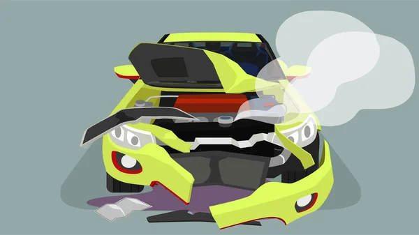 Accident Passenger Car Bonnet Opened Front Severely Damaged Smoke Coming — стоковый вектор