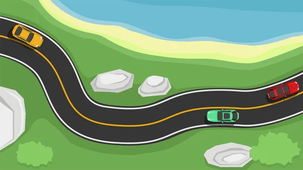 Vector Illustration View Asphalt Road White Yellow Line Curving Road — Stock vektor