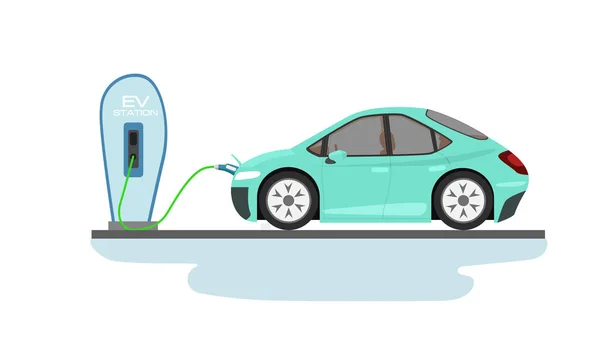 電気自動車ミニカー充電駐車場充電ステーションにケーブルのプラグで バッテリーへの車のフロント側に充電します 白い背景の独立したフラットベクトル図 — ストックベクタ