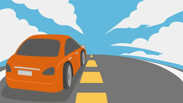 Вектор Иллюстрация Вождения Оранжевого Автомобиля Передней Части Асфальтовой Дороги Движение — стоковый вектор