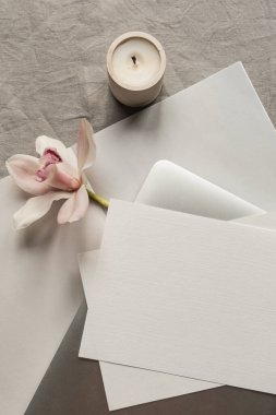 Estetik lüks bohem minimalist konsepti. Boş kağıt kağıtlar davetiye kartı, dizüstü bilgisayar, pembe çiçek, tarafsız keten kumaş üzerindeki mum. Düz yatış, üst görünüm