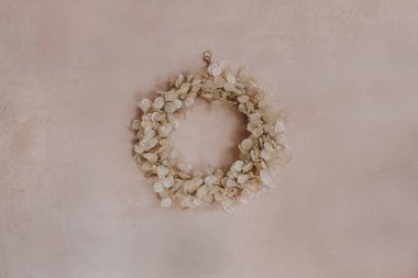 Pembe bir duvarda asılı duran doğal kuru ay yapraklarından yapılmış altın Noel çelengi. Yeni yıl ve kış tatili. Estetik Noel dekoru