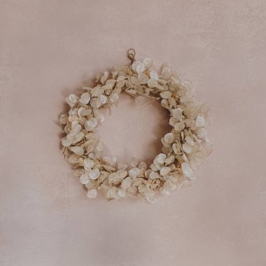 Pembe bir duvarda asılı duran doğal kuru ay yapraklarından yapılmış altın Noel çelengi. Yeni yıl ve kış tatili. Estetik Noel dekoru