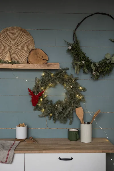 Scandinavian Nordic Hygge Style Home Kitchen Interior Design Christmas Decorations — стоковое фото