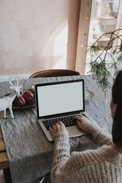 Žena Pracuje Laptopu Prázdnou Obrazovkou Pracovat Doma Moderní Domácí Obývací — Stock fotografie