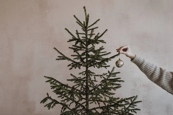 Frauenhandkugel Tannenbaum Vor Einer Staubig Rosa Wand Vorbereitung Auf Weihnachtsfeiertage — Stockfoto