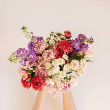 Soyut estetik çiçek arkaplanı. Beyaz arka planda kadın ellerinde güzel renkli çiçek buketi. Güzel çiçekler ve taç yaprakları