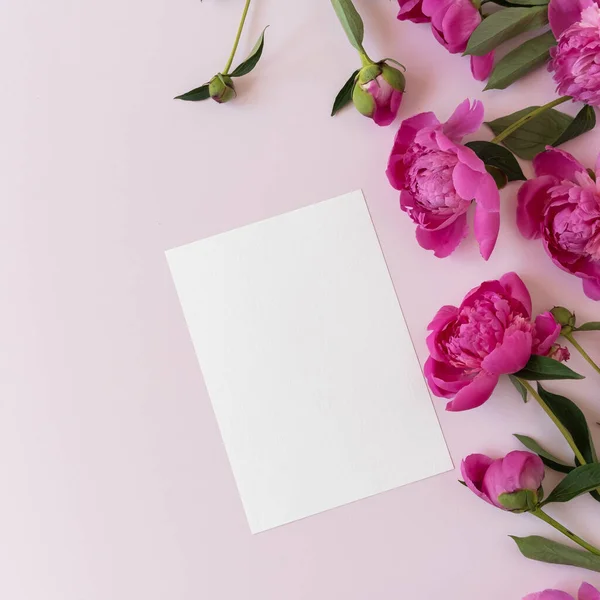Blanko Branding Papierkartenblatt Mit Kopierattrappe Und Eleganten Pfingstrosen Blumen Auf — Stockfoto
