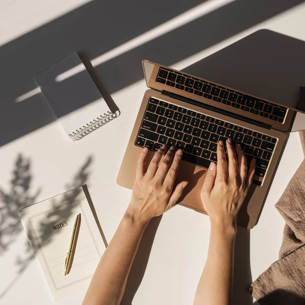 Flatlay of person hands working on laptop computer. Aesthetic bohemian home office workspace. Work at home. Notebook, pampas grass sunlight shadow on table. Flat lay, top view