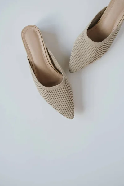Flat Lay Trendy Female Shoes Neutral Pastel Blue Background Aesthetic — Stock Photo, Image