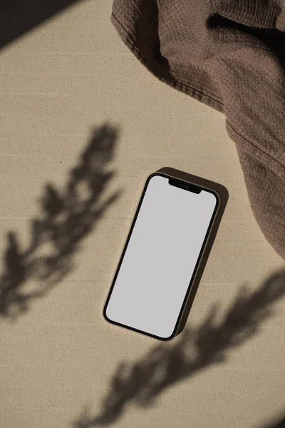 Blank Screen Smartphone Beige Surface Brown Fabric Shadows — ストック写真