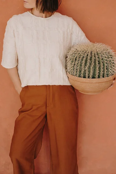 Young Beautiful Woman Ginger Trousers White Tee Holding Cactus Pot — Fotografia de Stock